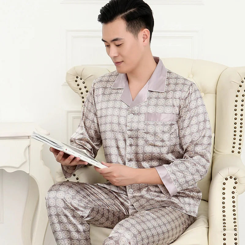 Hohe Qualität Pyjamas Set Männer Frühling Herbst Dünne Polyester Eis Seide Lange ärmeln Nachtwäsche Plus Größe Sommer Hause Kleidung männlichen