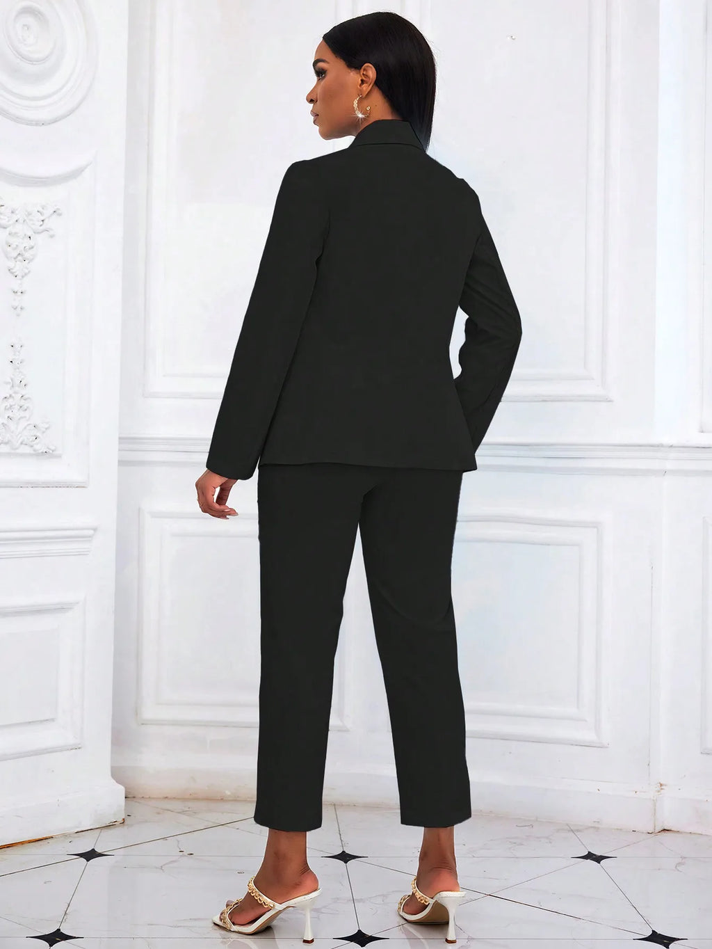 Damen Schwarzer Einfarbiger Zweiteiler 2026 Langarm-Blazer & Hochgeschnittene Cropped-Hose Set Büro-Arbeitskleidung Outfit