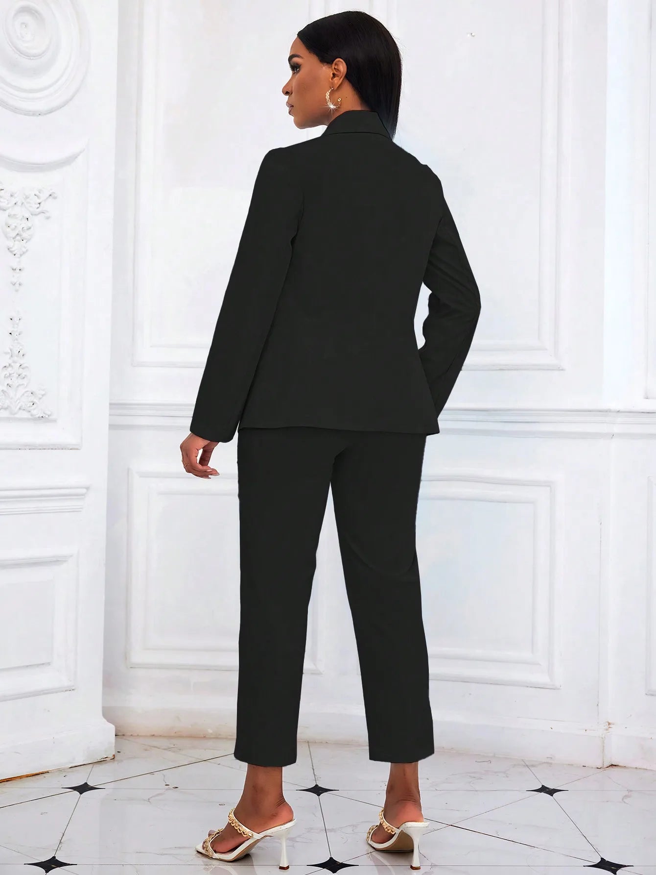Damen Schwarzer Einfarbiger Zweiteiler 2026 Langarm-Blazer & Hochgeschnittene Cropped-Hose Set Büro-Arbeitskleidung Outfit