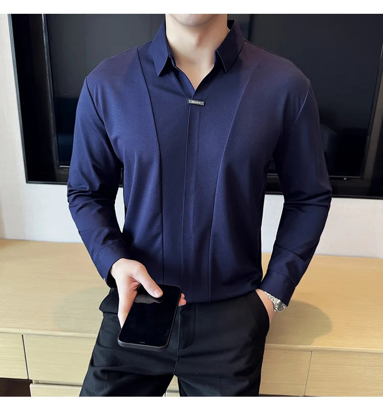 Herren-Poloshirt mit langen Ärmeln, 2026, Frühling, britischer Stil, einfarbig, elastisch, schmale Passform, T-Shirt, formelle Kleidung, Poloshirt, Herrenbekleidung