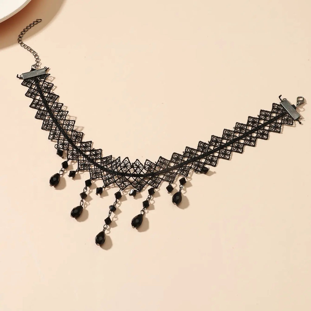 1 Px Damen-Halskette, wunderschöne schwarze Spitze, Kristallfarbe, Blumen-Halskette, Strand, Reisen, Urlaub, Mode, klassisch, personalisierter Schmuck, Abend D