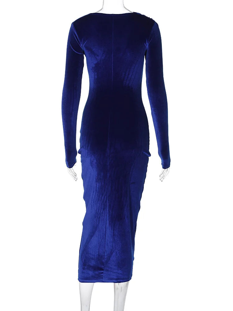 Dulzura 2024 Frühling Sommer Samt Langarm Midi Kleid Für Frauen Geraffte Lange Kleid Elegante Party Kleidung Abend Grün Outfits