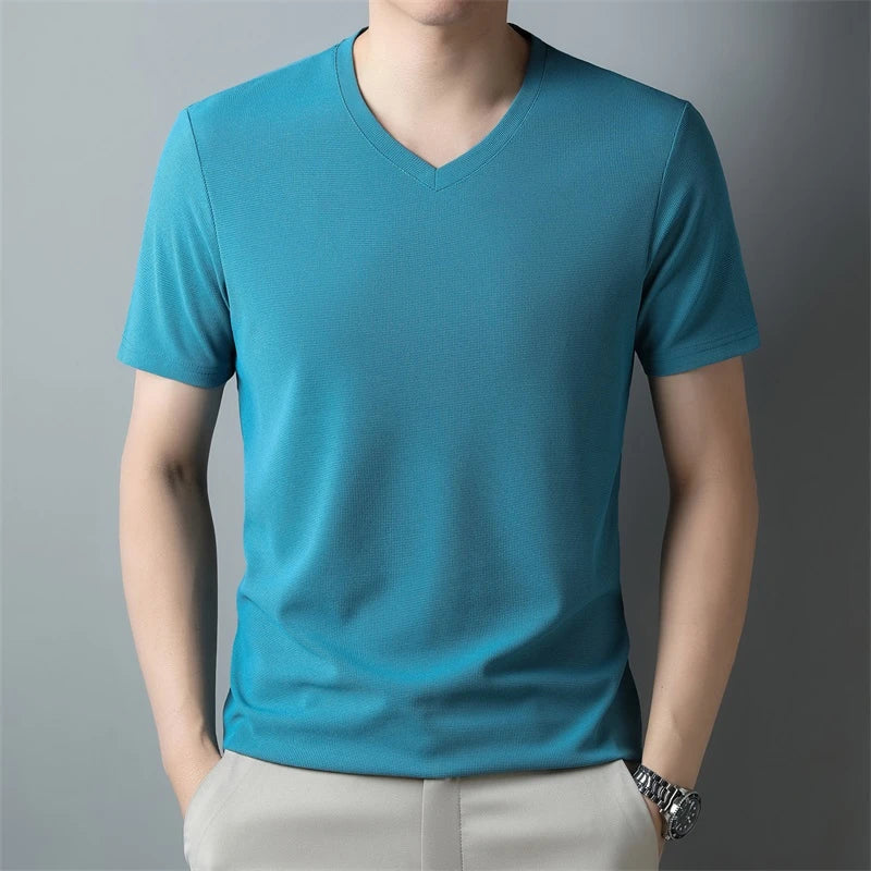 2024 Herren Neues Waffel-T-Shirt mit V-Ausschnitt und kurzen Ärmeln, Sommer, bequemes Oberteil