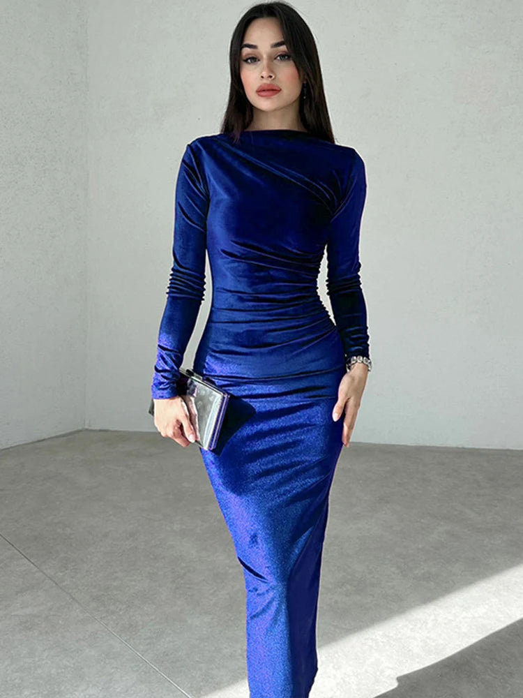Dulzura 2024 Frühling Sommer Samt Langarm Midi Kleid Für Frauen Geraffte Lange Kleid Elegante Party Kleidung Abend Grün Outfits