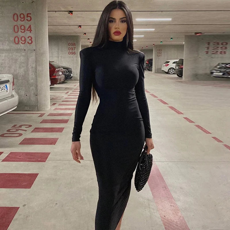 Hugcitar Frauen Mode Rollkragen Lange Ärmel Schwarz Sexy Bodycon Maxi Prom Kleid Herbst Casual Kleidung Streetwear Party Festival