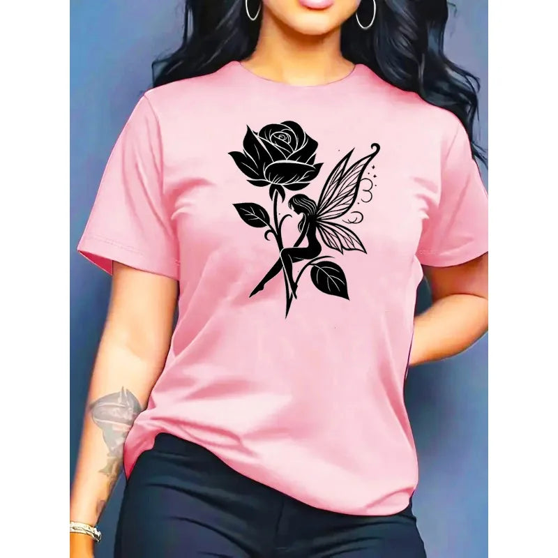 Reines Baumwoll-T-Shirt für Kinder, atmungsaktiv, Sommer 2026, Retro-Rosenelfen-Print, lässiges Eltern-Kind-Outfit für Jungen und Mädchen