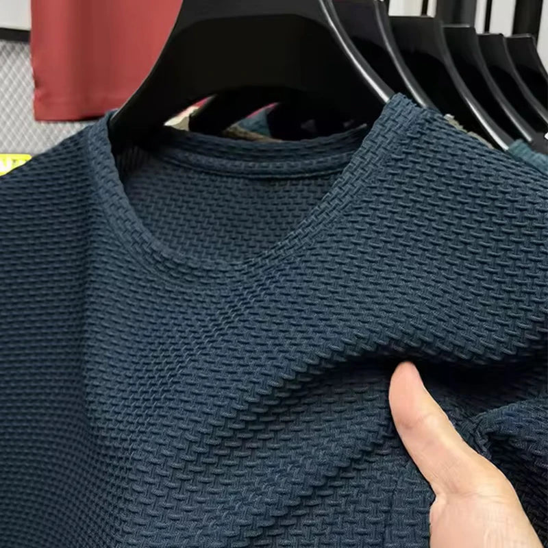 Hochwertiges Herren Waffelstrick T-Shirt Atmungsaktives Kurzarm Freizeit- und Loungewear-Oberteil