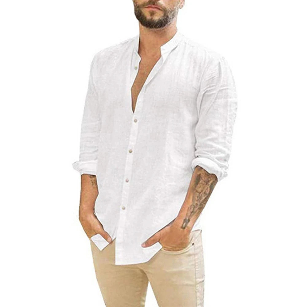 Baumwolle Leinen Heißer Verkauf männer Langarm Shirts Sommer Einfarbig Stehkragen Casual Strand Stil Plus Größe