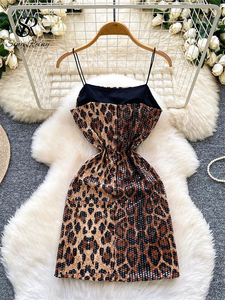 SINGREINY Sexy Leopard Women Dress 2026 Summer Trendy Night Club Party Sling Spicy Girl Sequined Glitter Bodycon Mini Dresses