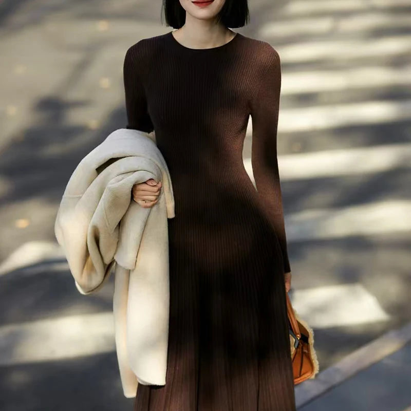 Frühling Herbst Pullover Damen Kleid 100 % Merinowolle Kleid O-Ausschnitt Slim Maxirock Basic Langarm Kleid Sexy Inside Join Dress