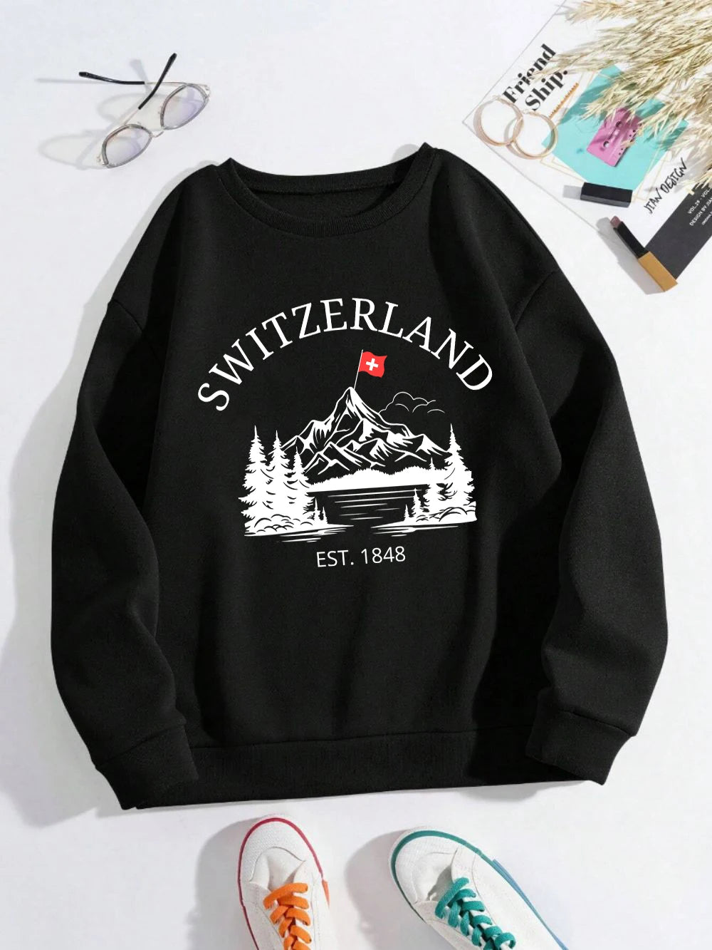 Switzerland Snow Mountain Design Women Sweatshirt Y2K Fleece Pullovers Crewneck Casual Streetwear Street Hip Hop Clothes