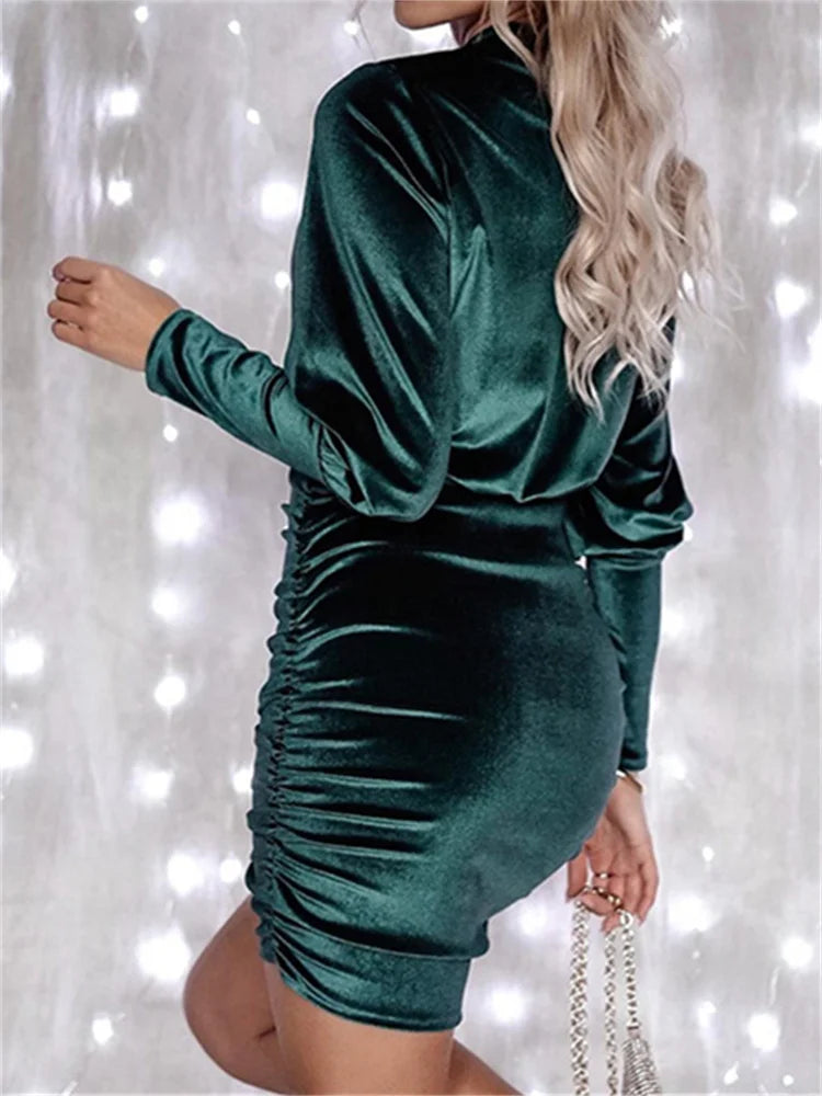 Damen Herbst-Samtkleid, einfarbig, Rundhalsausschnitt, Laterne, lange Ärmel, gerüscht, figurbetont, Minikleider, Party, elegant