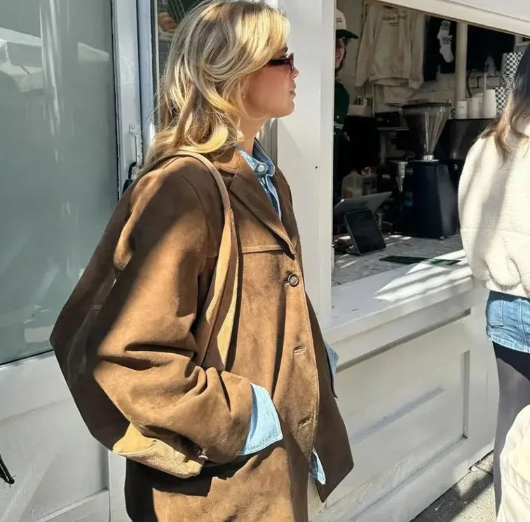 2024 herbst Winter Frauen Jacke Mit Revers Frau Casual Einreiher Tasche Langarm Kurzen Mantel Straße Mantel