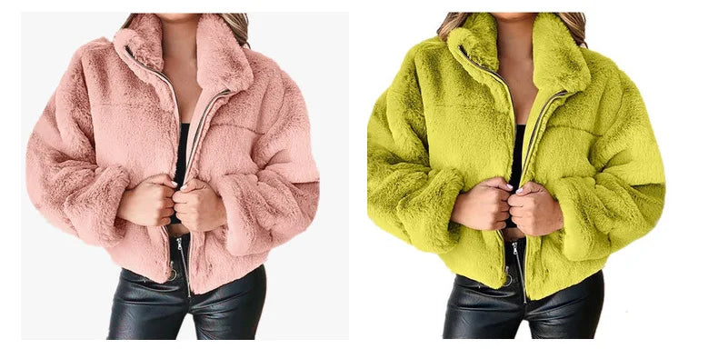 2025, Winter frauen Warme Jacke Zipper Strickjacke Faux Pelz Mode Langarm Stehen Kragen Plüsch Mantel für Weibliche