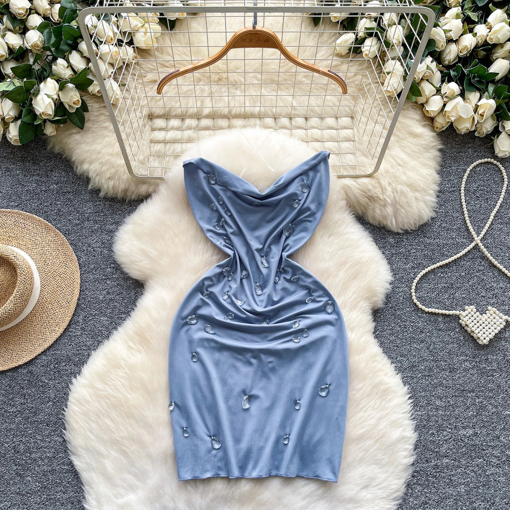 SINGREINY Mode Perlen Mini Sommerkleid Transparent Sling Design Schwingen Kragen Heißer Sommer Damen Sexy Backless, Figurbetontes Kleid