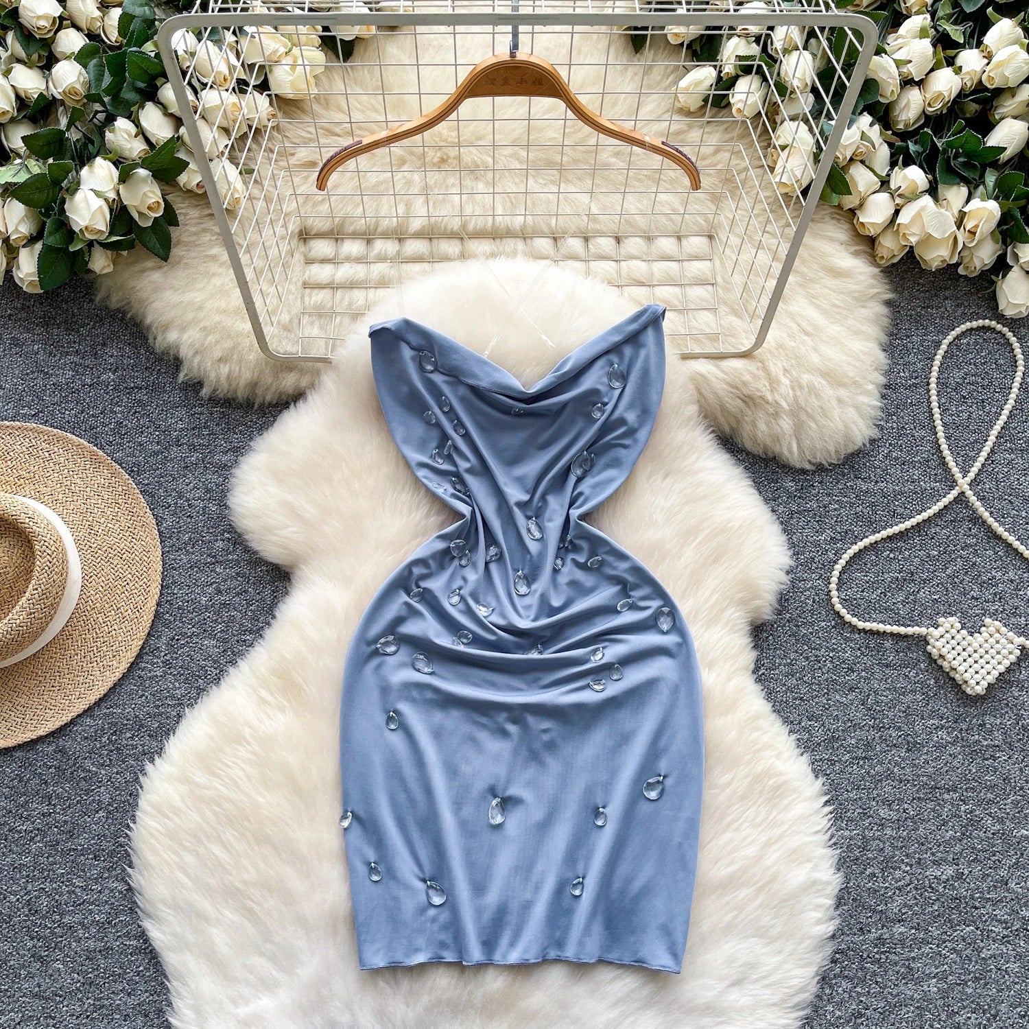SINGREINY Mode Perlen Mini Sommerkleid Transparent Sling Design Schwingen Kragen Heißer Sommer Damen Sexy Backless, Figurbetontes Kleid