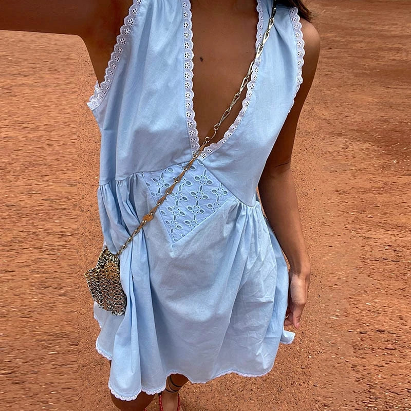 Ausgehen Boho Coquette A-Linie Kleid Damen Spitzenbesatz V-Ausschnitt Minikleid Y2k 90er Jahre Vintage Ästhetisches Sommer Fließendes Swingkleid