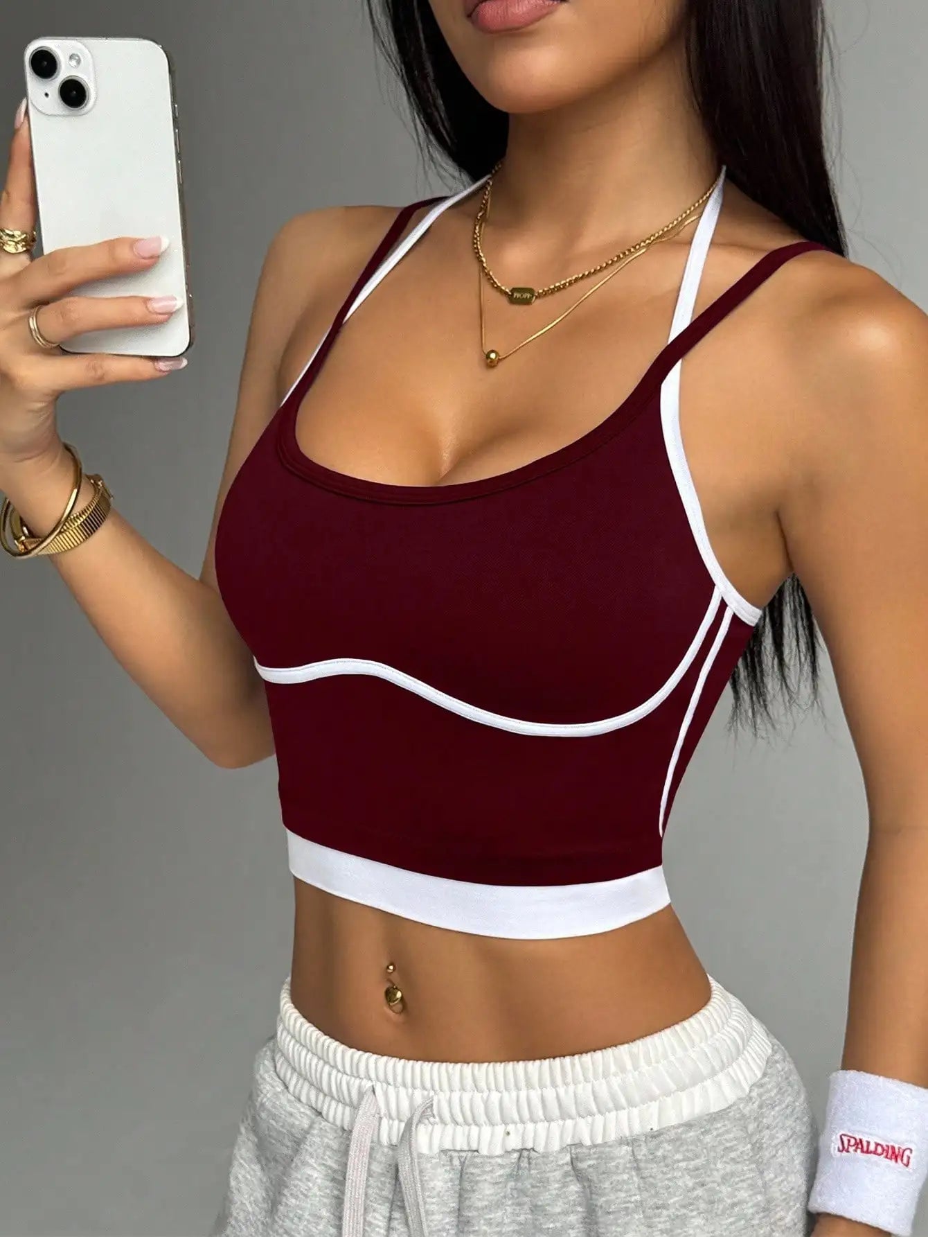 Farbblockierender, nicht aus Stahl gefertigter Ring, schöne Sportweste für Damen-Outdoor-Bekleidung, Fitness-Laufen, stoßdämpfende Raffung, s