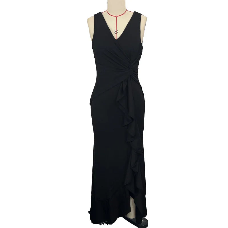 Sexy Schlitz, Rüschen, ärmellos, Abendkleider für Damen, modisch, V-Ausschnitt, schlank, plissiert, elegantes weibliches Maxi-langes Kleid 2025,