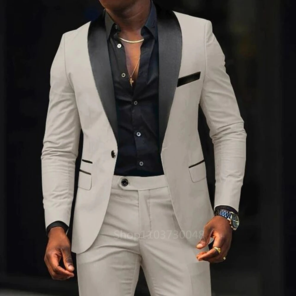 Lässige 2-teilige Herren-Hochzeitsanzüge, solide Slim-Fit, Schalkragen, Blazer, Hose, Designs, Party, Abschlussball, Anzüge, Trauzeuge, Business-Kleidung