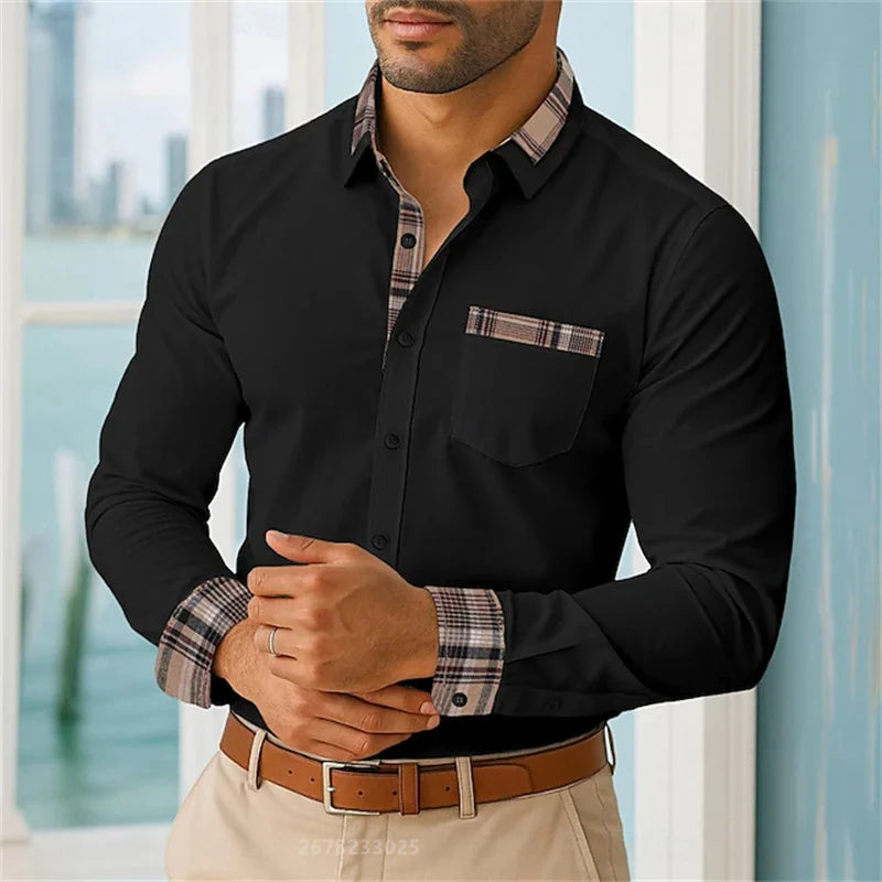2025 men's lapel long-sleeved button-down casual shirt soft and comfortable daily vacation outdoor office high-quality tops