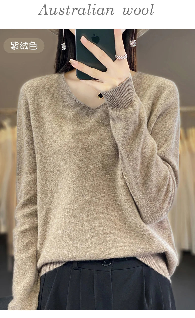 Frauen 100% Merinowolle Pullover V-Ausschnitt Basic Pullover Herbst Winter Kaschmir Kleidung Langarm weiche Strickwaren Tops einfarbig