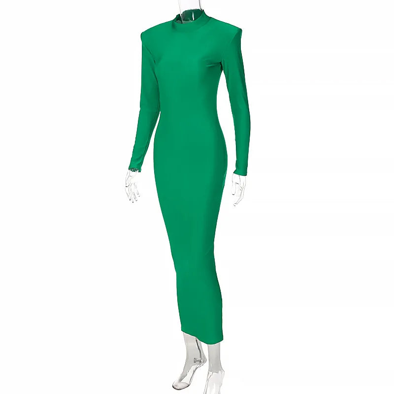 Schulter Gepolsterte Lange Hülse Bodycon Grün Party Club Maxi Lange Kleid 2024 Frühling Herbst Frauen Mode Elegante Kleidung