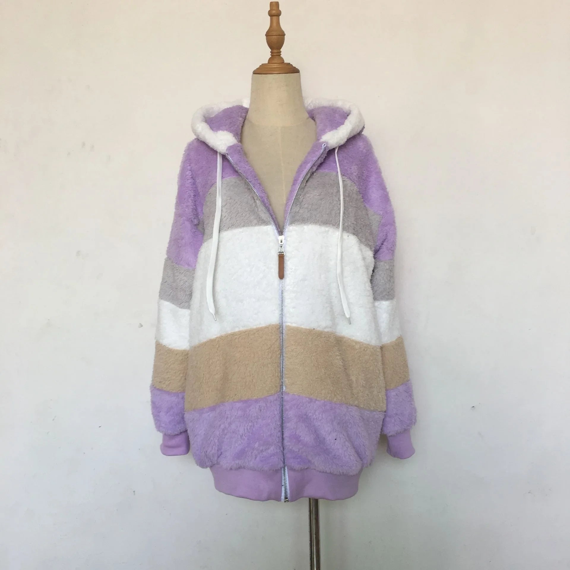 Warme Fleece-Übergroße Kapuzenjacke für Damen, Herbst und Winter, verdickte Reißverschlusstasche, Patchwork-Kleidung, bequemes Sweatshirt
