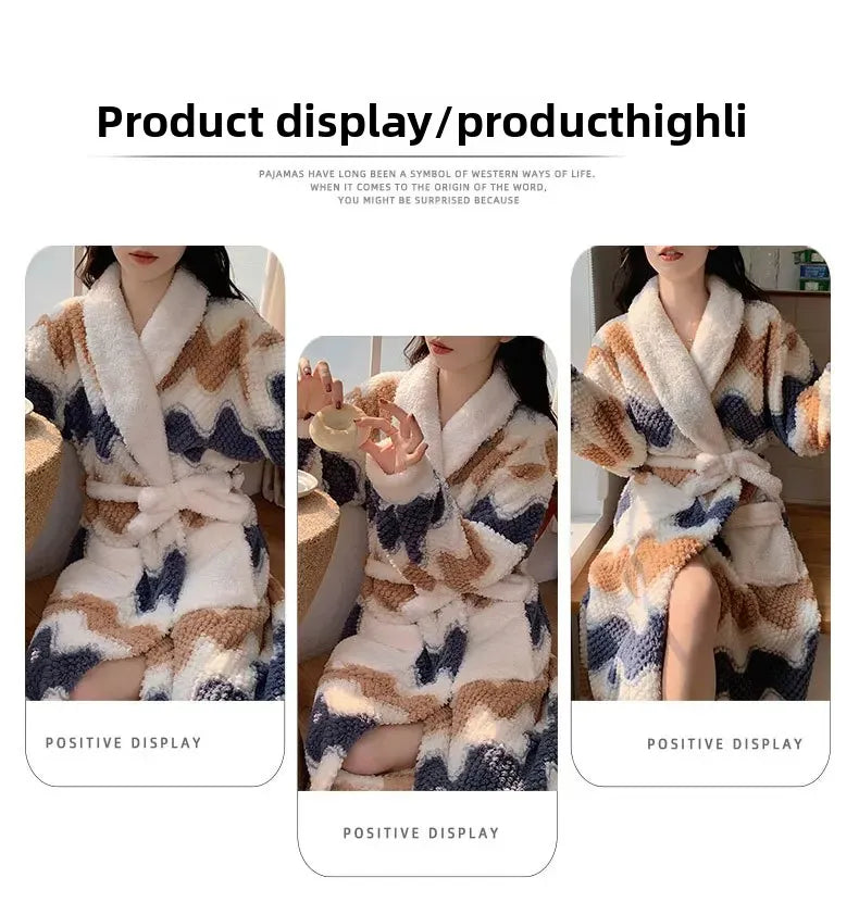 Verdickte Korallen Fleece Robe frauen V-ausschnitt Gürtel Langarm Mid-länge Süße Stil Warme Hause Kleidung Winter Saison