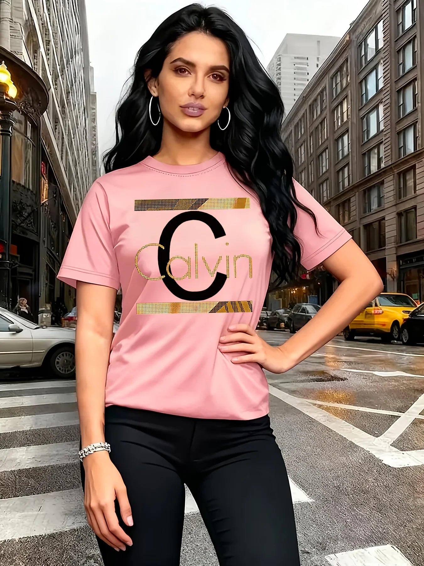 Calvin Buchstaben-Print Damen-T-Shirt - Goldgrafik Grünes Casual-Oberteil