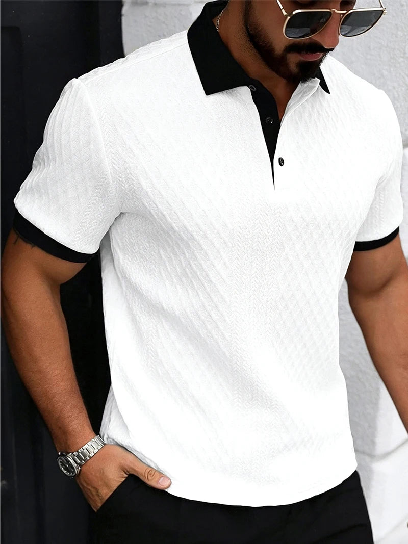 2026 Sommer Herren Jacquard-Strick Poloshirt mit Kontrastkragen Kurzarm Locker Sitzend Weich Atmungsaktiv Lässig Sport Tägliche Kleidung Oberteile