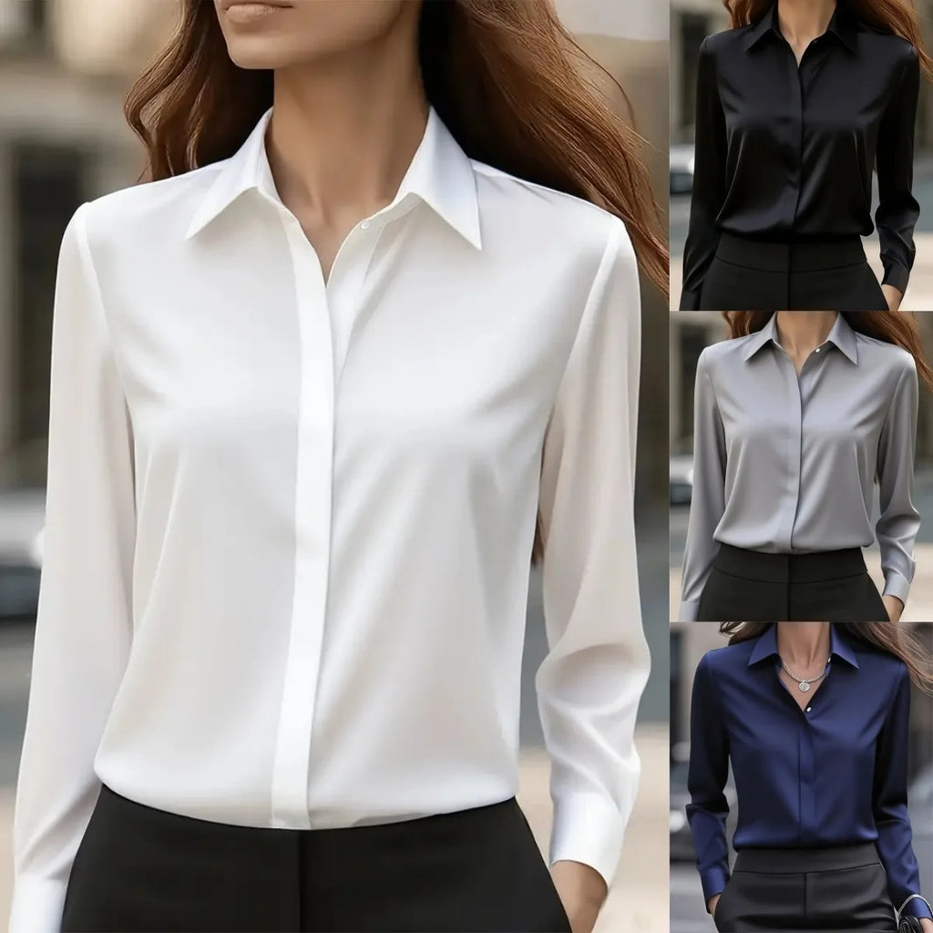 2025 Neues Damen-Langarmshirt, 10-farbiges Revers, Satin-Knopf-Cardigan, Büro, Pendeln, elegantes, einfaches Oberteil, Basic-Blusen