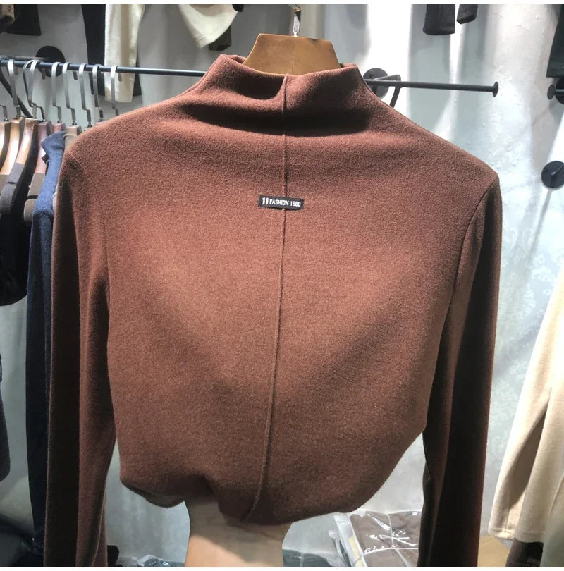 Harajuku half turtleneck Casual slim fleece Thick bottoming T-shirt autumn winter velvet Long Sleeve solid T Shirt Women y2k Top