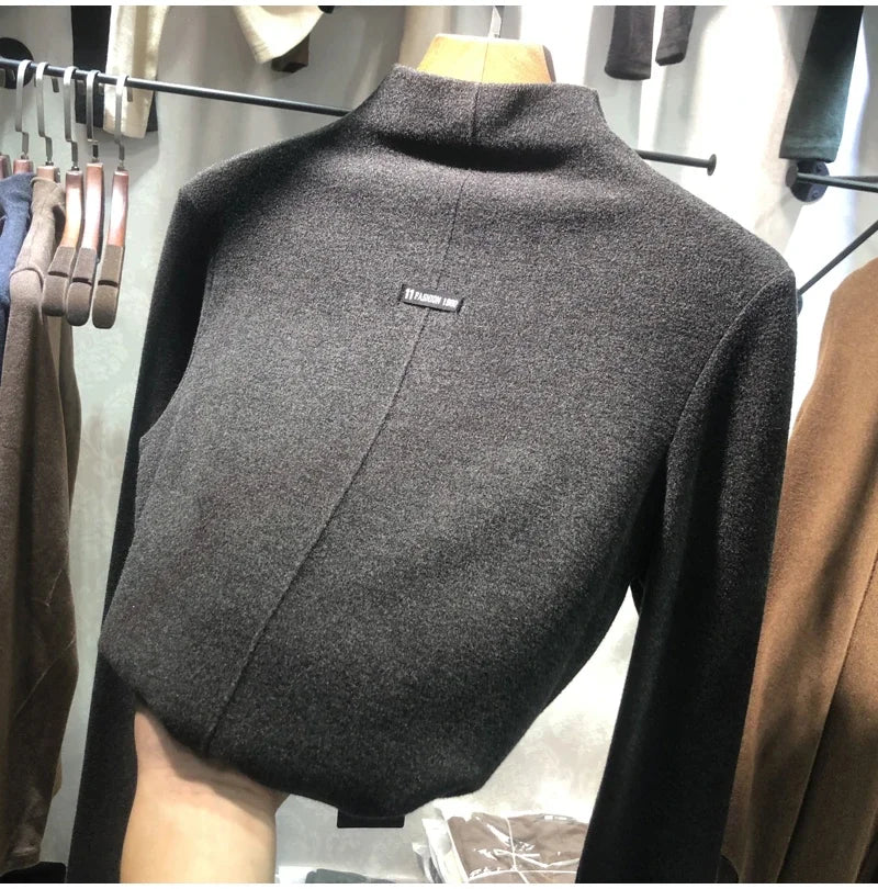 Harajuku half turtleneck Casual slim fleece Thick bottoming T-shirt autumn winter velvet Long Sleeve solid T Shirt Women y2k Top