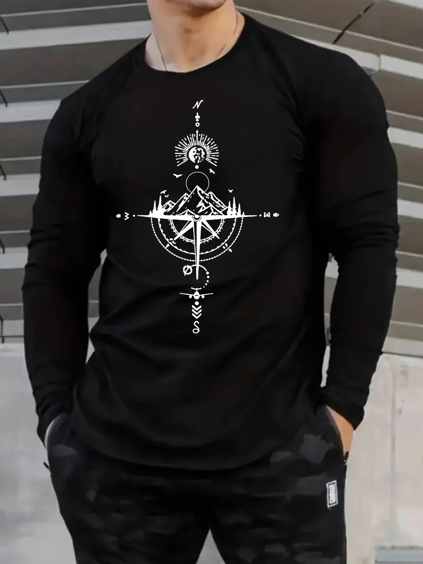 Men's 100% pure cotton loose fit comfortable sports and leisure mountain compass pattern printed round neck long sleeved T-shirt