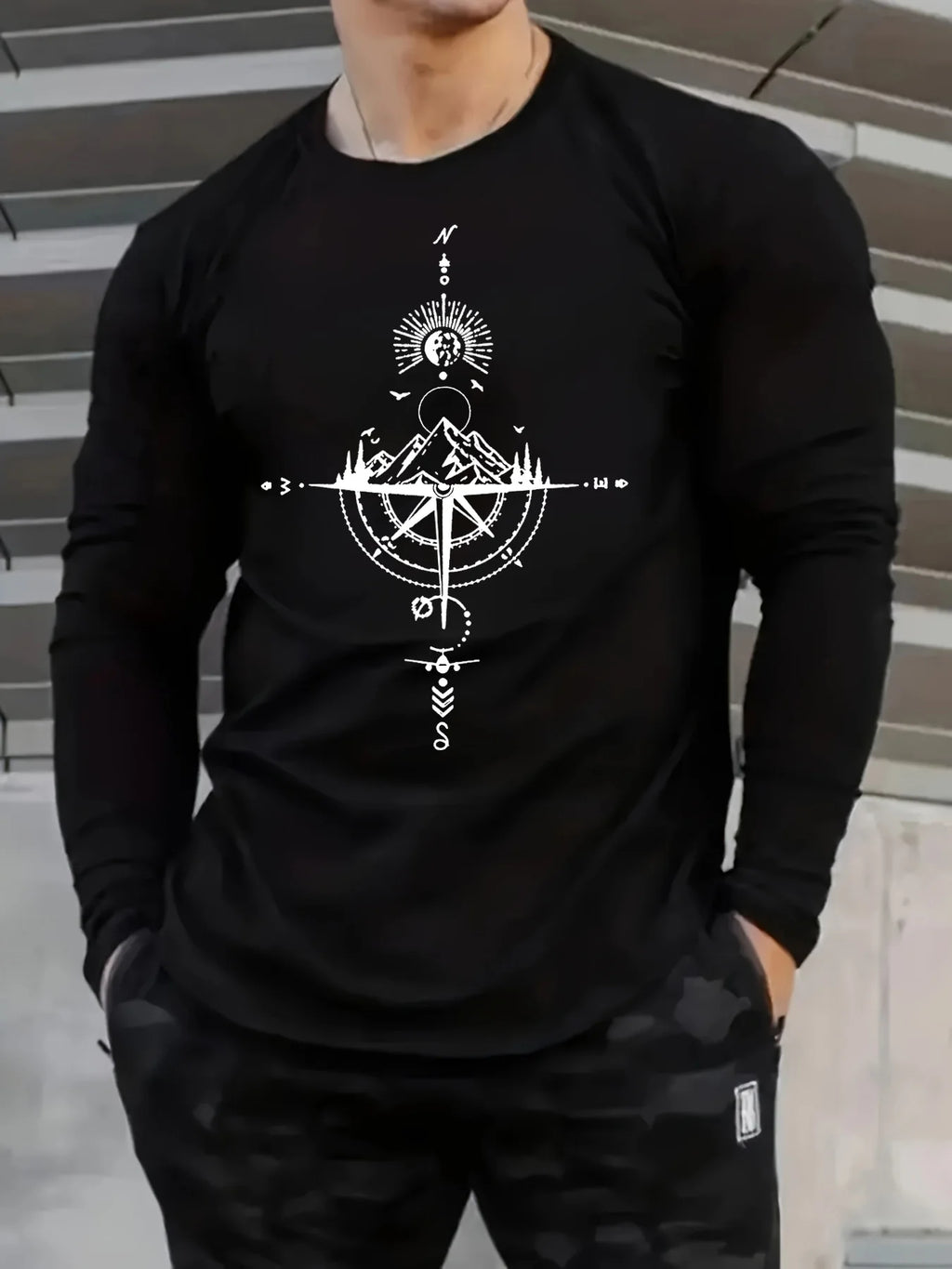 Men's 100% pure cotton loose fit comfortable sports and leisure mountain compass pattern printed round neck long sleeved T-shirt