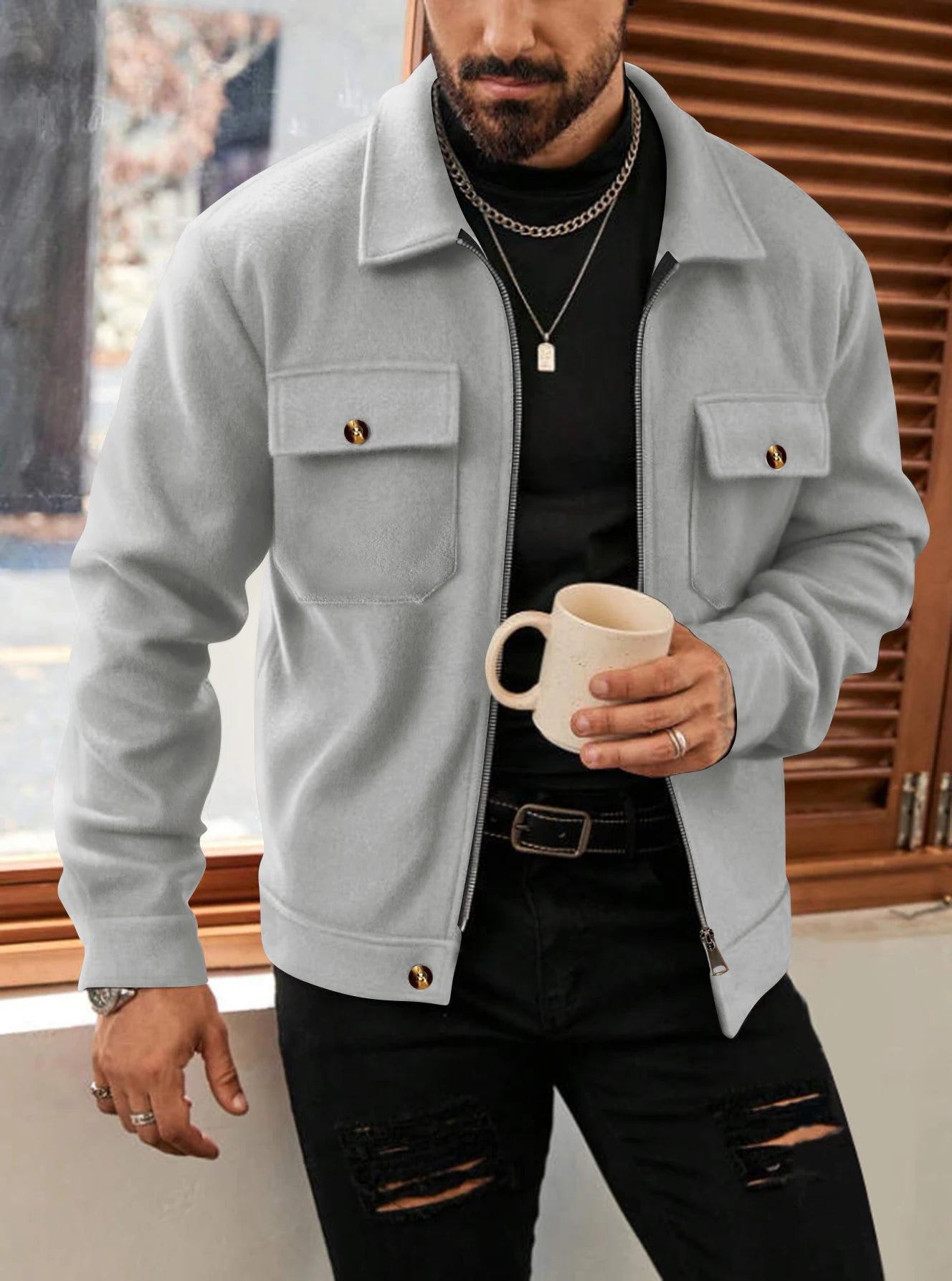 2025 Autumn/Winter New Solid Color Men's Woolen Coat Fashion Zipper College Style Jacket