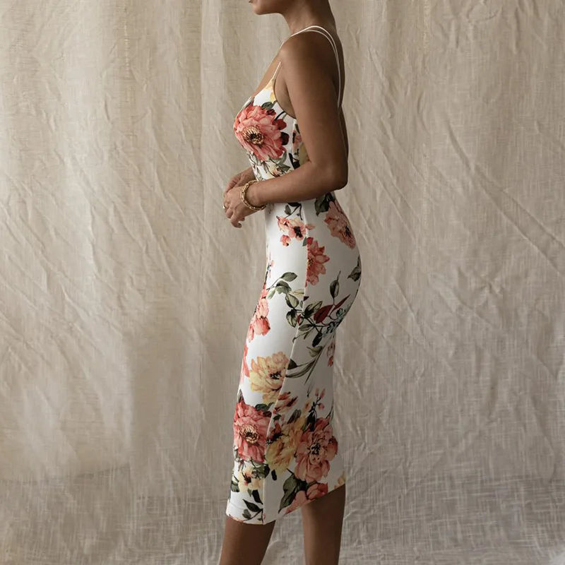 Vintage Floral Print Schlank Bodycon Maxi Kleid Frauen Ärmellose Spaghetti Strap Dünne Lange Kleid Elegante Club Party Vestidos