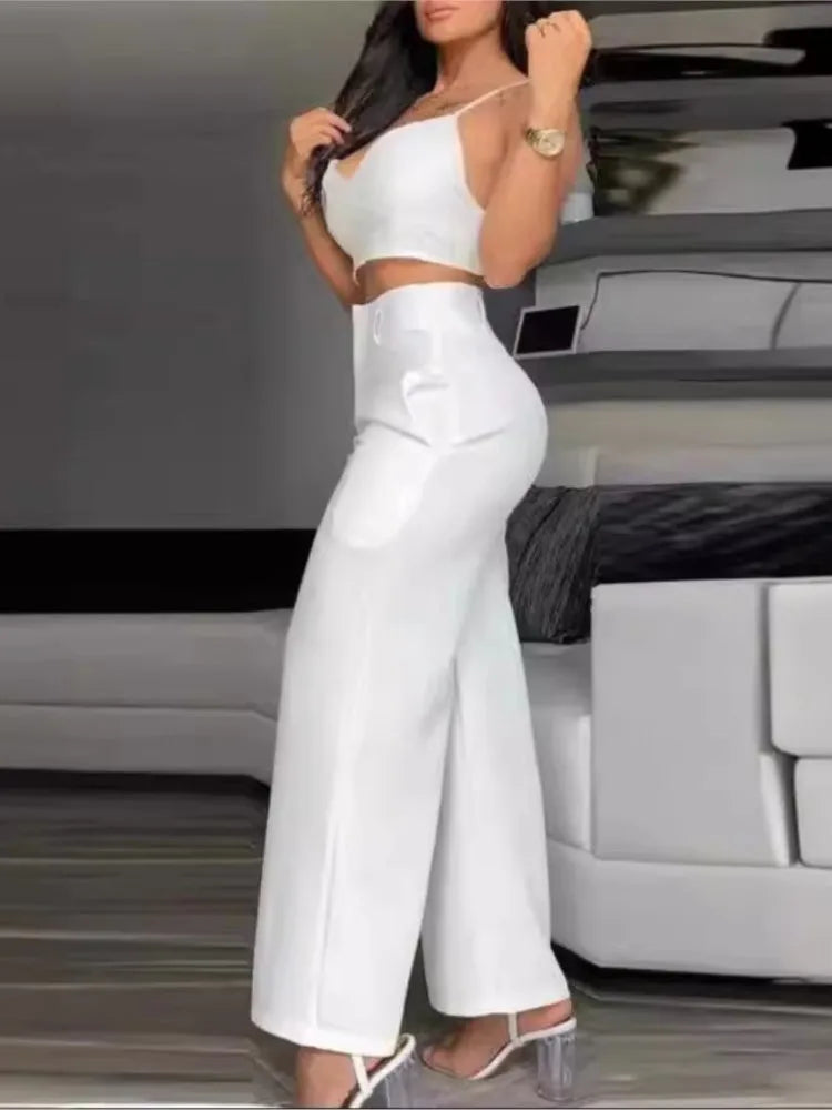 Sommer Sexy 2-teiliges Set Frauen V-ausschnitt Strap Geraffte Schlank Crop Top & Spitze-up Breite Bein Hosen Sets elegante Urlaub Dame Anzug