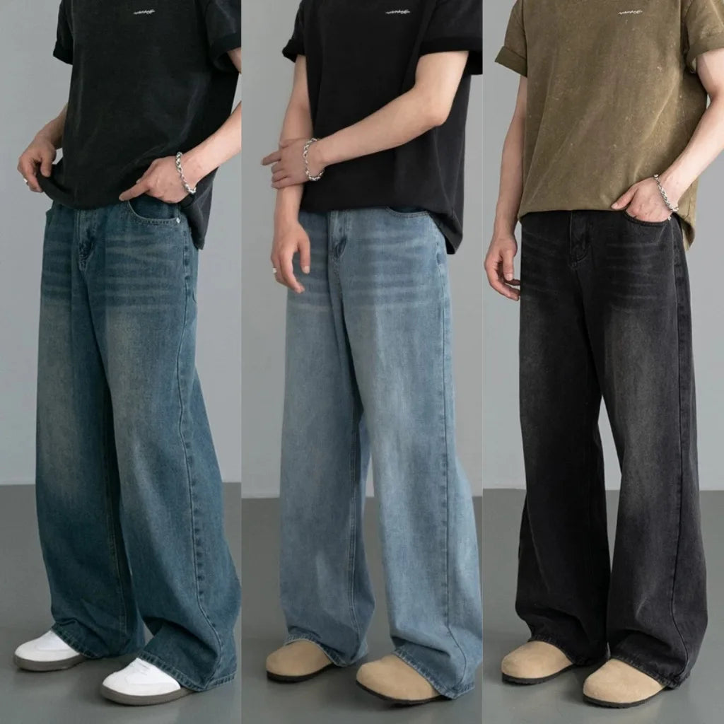 Frühling Herbst männer Neue Denim Hosen Alte Blau Gewaschen Casual Jeans Menwear Lose Neue Mode kontrast farbe Breite Bein Hosen