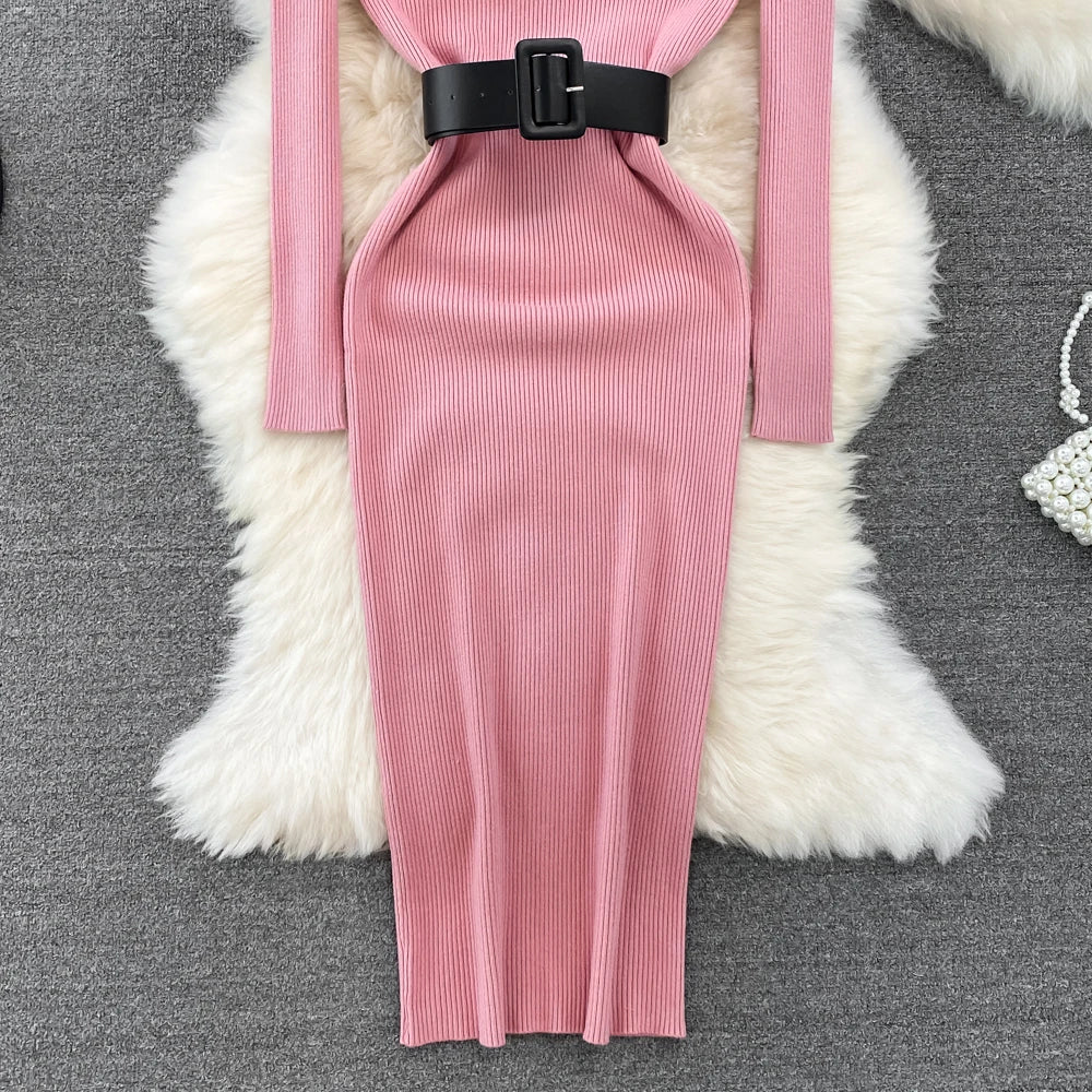 REALEFT Herbst Winter 2025, neue Rollkragen frauen Gestrickte Kleider mit Gürtel Langarm Elegante Bodycon Wrap Kleid Weibliche