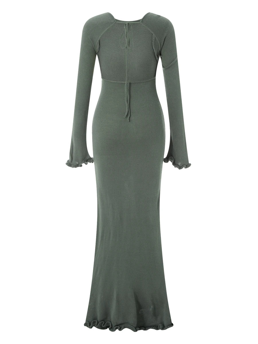 Damen-Kleid mit langen Ärmeln, Krawatte, rückenfrei, Rundhalsausschnitt, Rüschenbesatz, langes Kleid, Herbst und Winter, gestrickt, einfarbig, figurbetontes Kleid, Beige/Grau/Weiß