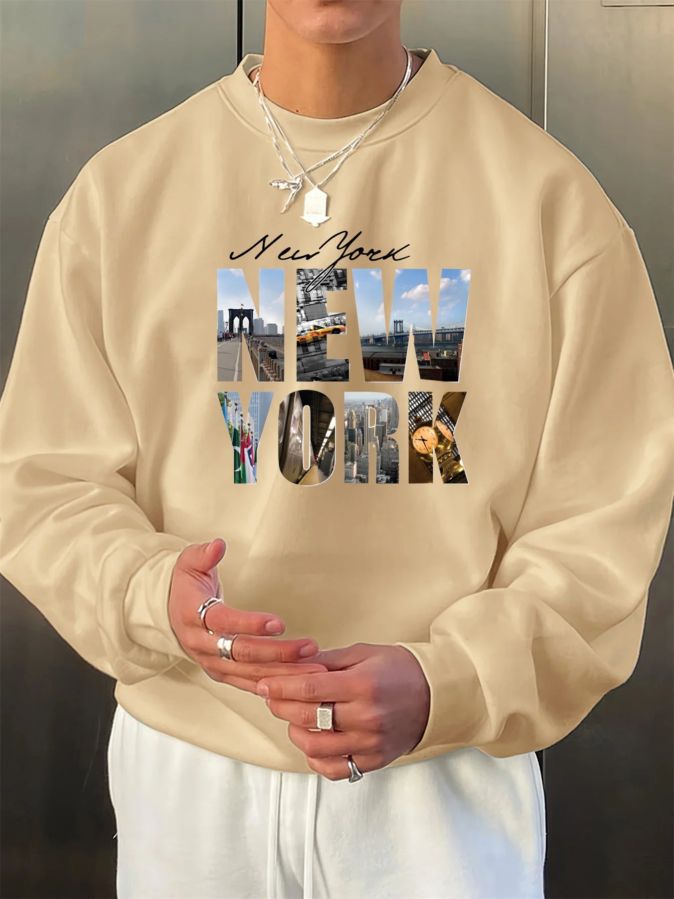 Men's autumn and winter fashionable casual loose New York City graphic printed long sleeved round neck sweatshirt