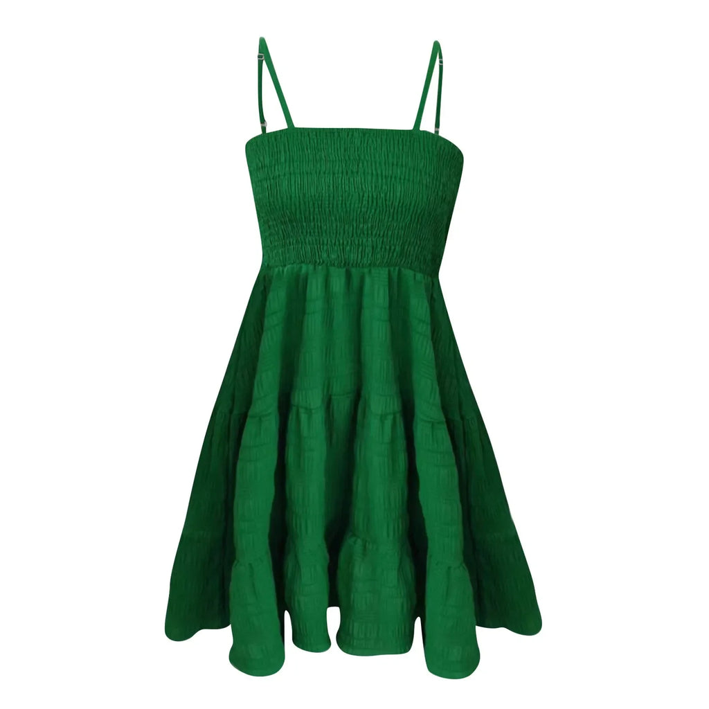 Bohemian Strand Sommerkleid Frauen Sexy Ärmellose Backless Große Schaukel Mini Kleid Solide Spaghetti Strap Rüschen Kleid Sommer Vestidos