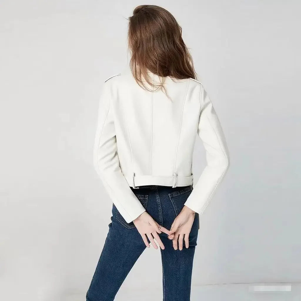 Damen-PU-Lederjacke, schmale Passform, Motorrad, gewaschener Reißverschluss, Oberteil, Herbst-Winter, modische Oberbekleidung, lässiger Stil, volle Ärmel