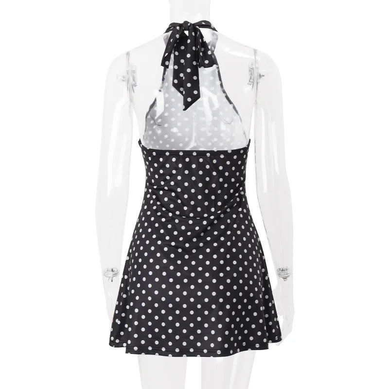 Polka Dot Elegante Off Schulter Ärmellose Backless Hohe Taille Halter Mini Kleid Y2K Sommer Fashion Club Party Vestidos