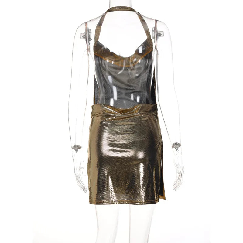 Sexy und modisches Damen-Kleid, elegant, kurz, mit hängendem Hals, rückenfrei, unten auf der Brust, Pailletten, Party-Mädchen-Tanzkleid