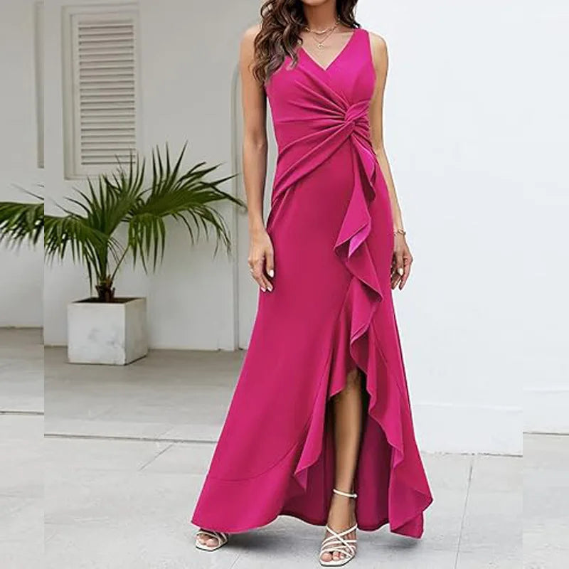 Sexy Schlitz, Rüschen, ärmellos, Abendkleider für Damen, modisch, V-Ausschnitt, schlank, plissiert, elegantes weibliches Maxi-langes Kleid 2025,