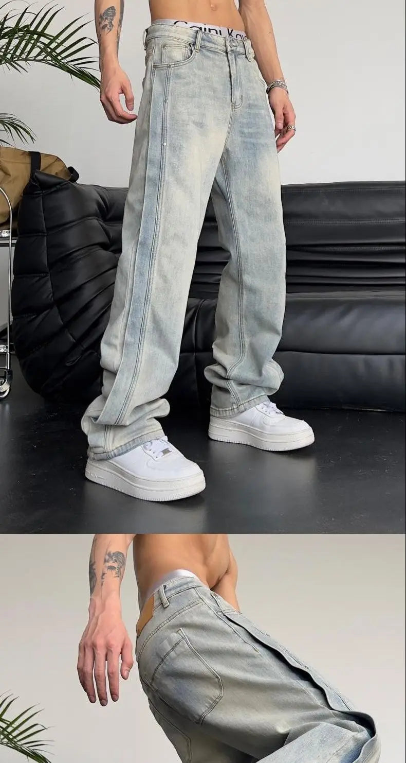 Jeans für Herren, locker, hellblau, Baggy, gerade, Cowboy-Hose, Punk, gespleißt, Y2k, Vintage-Hose, 2025, koreanischer Herbst-Trend, Baumwolle