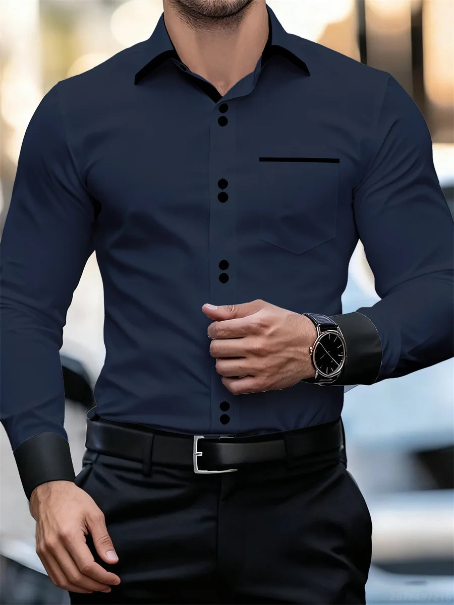 Herren-Business-Langarmhemd mit Farbblockkragen, schmale Passform, knitterfrei, schwarz-weißes Patchwork-Hemd, modisches Herrenoberteil